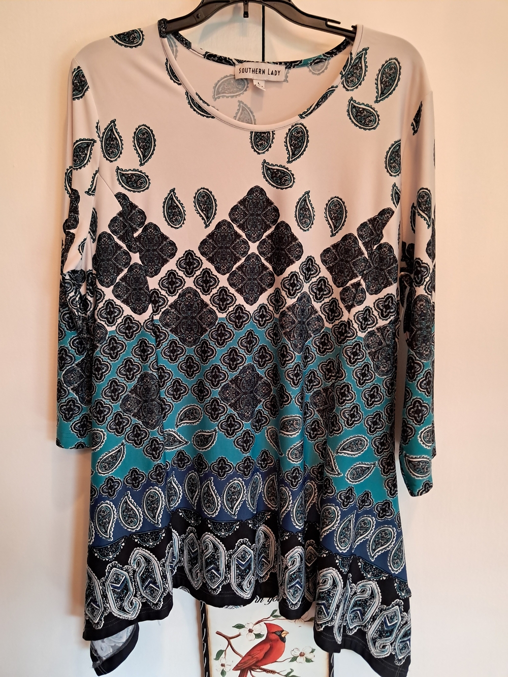 Southern Lady Teal, Black and White Paisley & Geometric Tunic